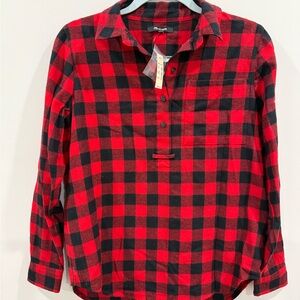 Madewell Buffalo Check Red Black Long Sleeve Flannel Popover Shirt Small S NWT